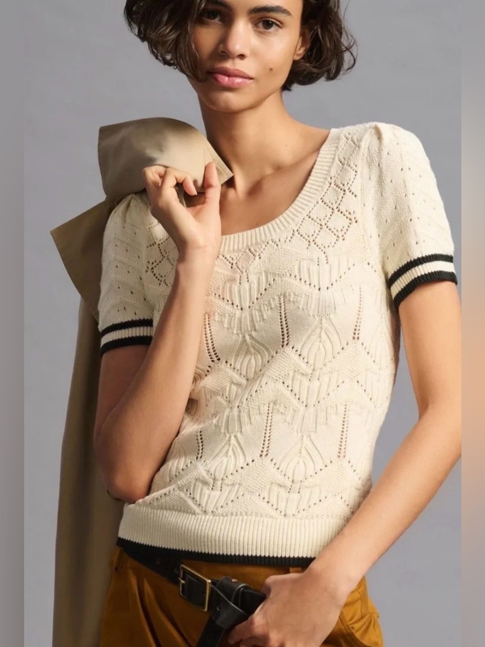 Anthropologie Maeve Short-Sleeve Pointelle Sweater
